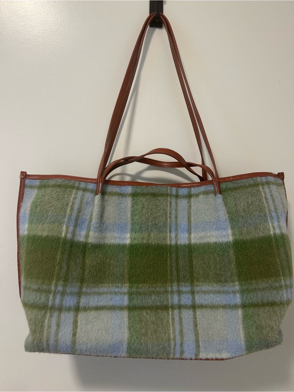 Universal Thread Green and Light Blue Plaid Large Tote with Brown Trim 24”x12”